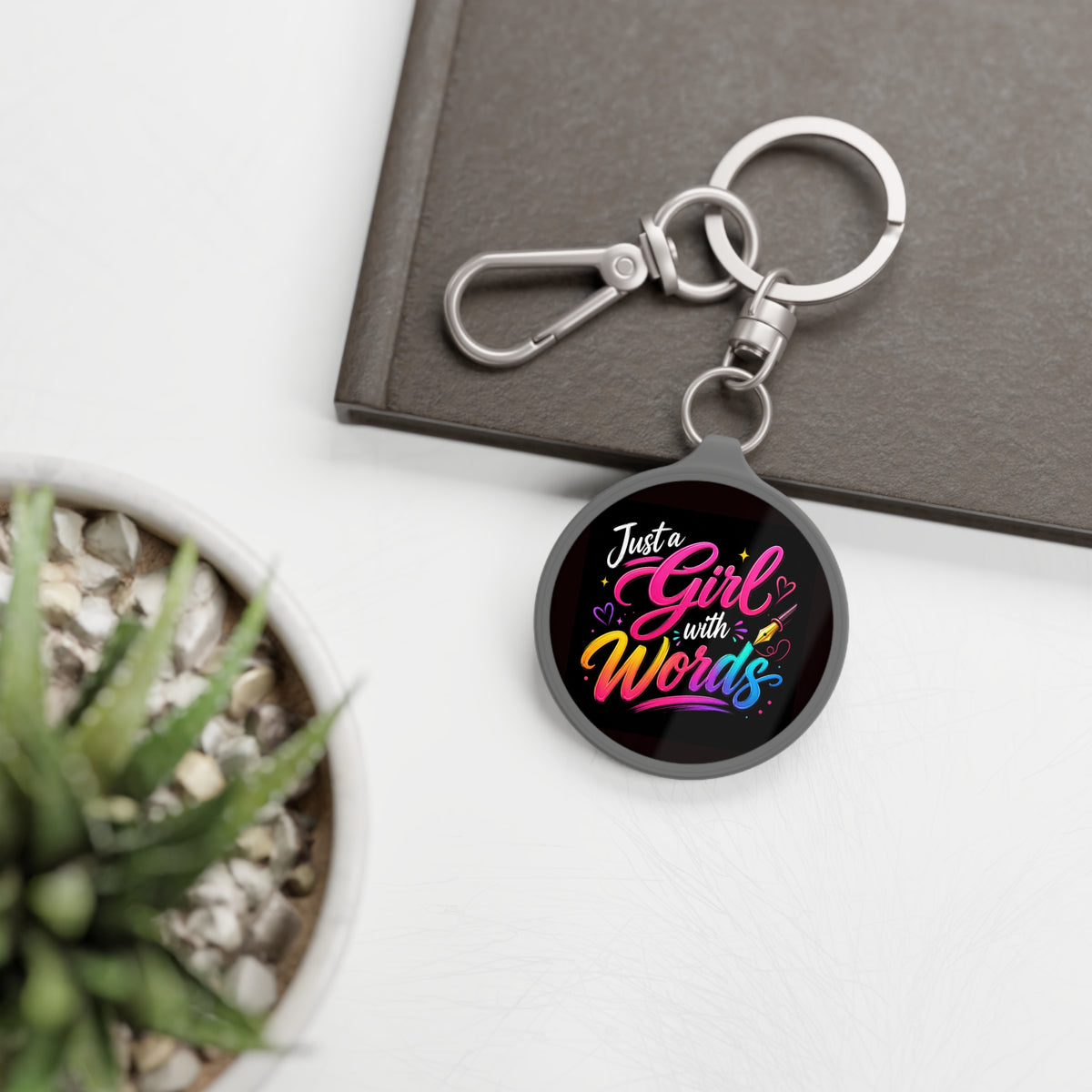 Just a Girl With Words Keyring Tag — Colorful Literary Quote Keychain